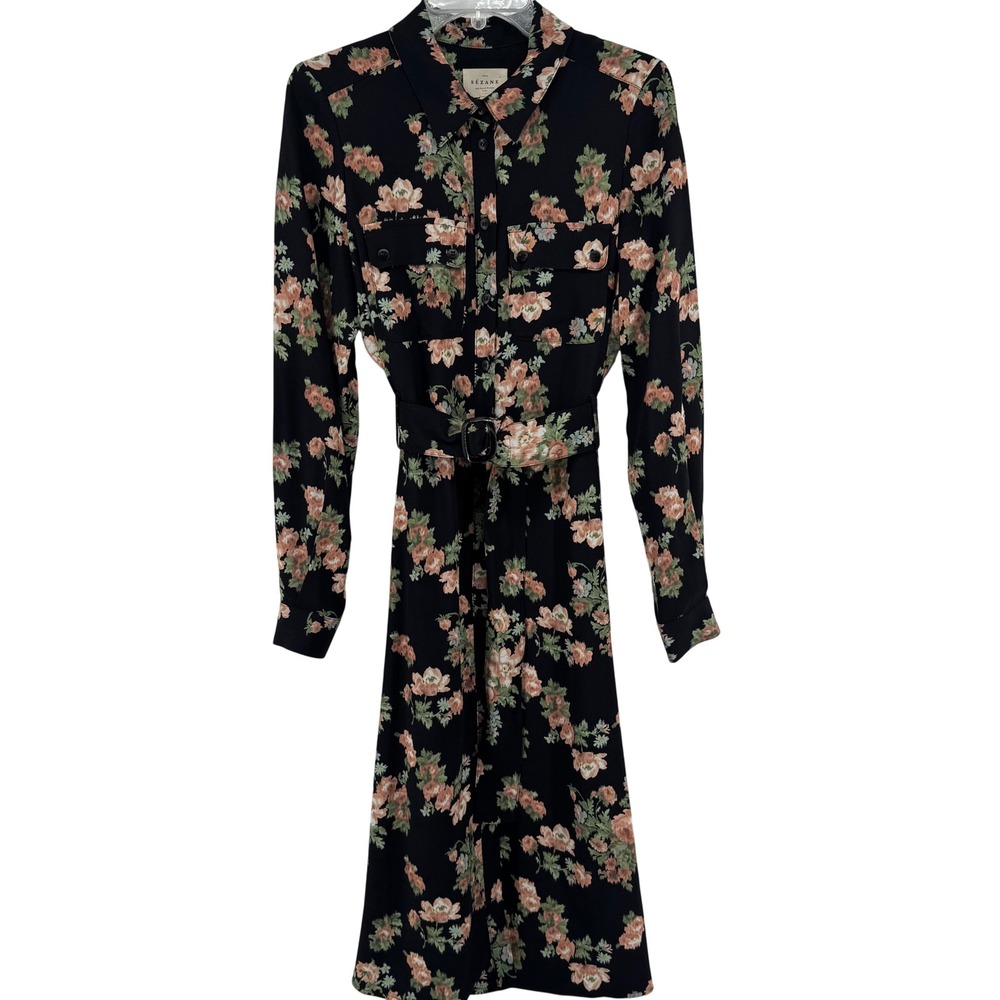 Sezane Midi Tea Dress Womens 38 Black Large Bouquet Long Sleeve Buttons Belted